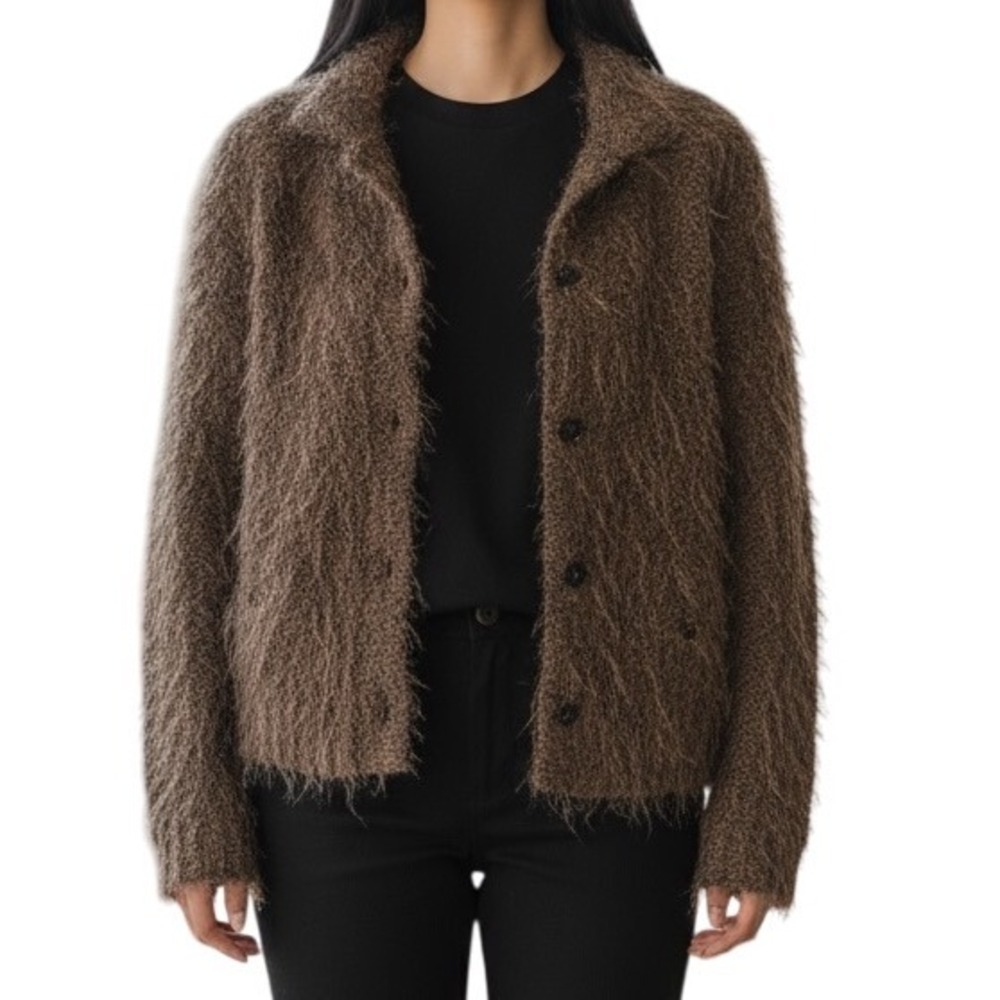 JAMIE‎ SADOCK Vintage Brown Eyelash Fuzzy 80s 90s Toggle Button Cardigan Small